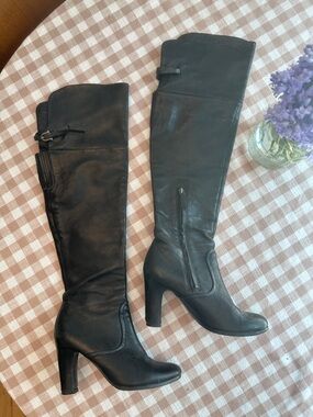 Sam Edelman, Black Leather Knee-High Heeled Boots. SE Boutique